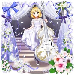 Rule 34 | 1girl, absurdres, ahoge, alternate costume, bell, blonde hair, closed mouth, clothes lift, commentary, contrapposto, curtains, double bass, dress, dress lift, english commentary, flower, full body, game cg, highres, holding, holding instrument, instrument, jewelry, lifted by self, looking at viewer, lunasa prismriver, lunasa prismriver (white double bassist), pendant, petals, pink flower, rotte (1109), second-party source, short hair, smile, solo, touhou, touhou lostword, vest, white dress, white flower, white footwear, white vest, yellow eyes