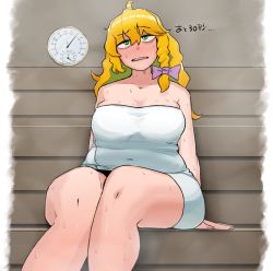 Rule 34 | 1girl, bad id, bad twitter id, blonde hair, blush, bow, braid, breasts, commentary, cookie (touhou), feet out of frame, green eyes, hair between eyes, hair bow, hot, kirisame marisa, large breasts, long hair, mars (cookie), naked towel, ohasi, open mouth, plump, purple bow, sauna, side braid, single braid, sitting, solo, sweat, thermometer, touhou, towel, translation request
