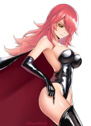 Rule 34 | 1girl, arc system works, bare shoulders, black sclera, blazblue, blazblue: central fiction, breasts, cape, cleavage, colored sclera, elbow gloves, frown, gloves, hair over one eye, highres, konoe a. mercury, large breasts, long hair, looking at viewer, pink hair, solo, thighhighs, yellow eyes