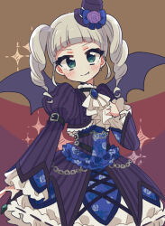 Rule 34 | 1girl, aeruusa, aikatsu!, aikatsu! (series), ascot, bat wings, blunt bangs, blush, chain, cropped jacket, dress, drill hair, fang, floral print, frilled dress, frilled sleeves, frills, gothic lolita, green eyes, grey hair, hat, juliet sleeves, lolita fashion, long hair, long sleeves, looking at viewer, mini hat, mini top hat, puffy sleeves, smile, solo, sparkle, top hat, todo yurika, twin drills, twintails, white ascot, wings