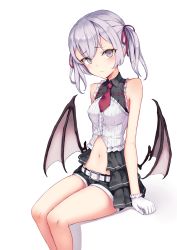 Rule 34 | 1girl, bare arms, bare shoulders, belt, black shorts, breasts, center opening, collared shirt, demon wings, feet out of frame, frilled shirt, frills, gloves, grey eyes, hair ribbon, invisible chair, long hair, looking at viewer, low wings, micro shorts, navel, necktie, original, ribbon, ryuinu, shirt, short necktie, short shorts, shorts, silver hair, simple background, sitting, sleeveless, sleeveless shirt, small breasts, solo, stomach, thighs, twintails, two-tone shirt, white background, white gloves, white shirt, wings