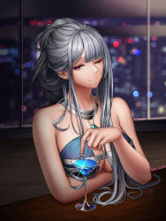 Rule 34 | 1girl, absurdres, ak-12 (girls&#039; frontline), ak-12 (quiet azure) (girls&#039; frontline), artist name, bad id, bad pixiv id, bare shoulders, blue dress, blurry, blurry background, breasts, city lights, cleavage, closed mouth, cocktail dress, cocktail glass, cup, dress, drinking glass, elbow rest, girls&#039; frontline, glint, halter dress, halterneck, highres, indoors, jewelry, long hair, looking at viewer, medium breasts, necklace, official alternate costume, one eye closed, purple eyes, sidelocks, silver hair, sitting, sleeveless, smile, solo, torrentduck, window