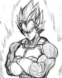 Rule 34 | 1boy, angry, aura, dragon ball, dragonball z, looking at viewer, male focus, monochrome, muscular, simple background, sketch, solo, spacezin, super saiyan, vegeta