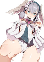 Rule 34 | 1girl, bare legs, blush, bow, bowtie, breasts, cameltoe, curly hair, detached sleeves, dress, furau, green eyes, hair wings, hairband, hand on thigh, highres, long sleeves, looking at viewer, looking down, melia antiqua, nintendo, nipples, open mouth, panties, see-through, silver hair, simple background, solo, thighs, underwear, upskirt, white background, white panties, xenoblade chronicles (series), xenoblade chronicles 1