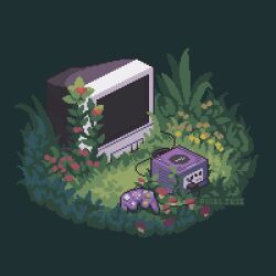Rule 34 | animated, animated gif, artist name, controller, crt, flower, game console, game controller, gamecube, gamecube controller, gamepad, grass, green background, green theme, highres, isometric, nintendo, outdoors, pixel art, pixel jess, red flower, signature, static, still life, television, yellow flower