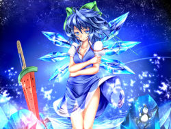 Rule 34 | 1girl, aged up, blue eyes, blue hair, bow, breasts, cirno, cleavage, food, frog, frozen, frozen frog, fruit, hair bow, highres, ice, matching hair/eyes, medium breasts, monikano, necktie, popsicle stick, short hair, solo, sword, touhou, undone, undone necktie, watermelon, weapon, wind, wings