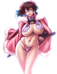 Rule 34 | 1girl, abs, areola slip, bow, breasts, brown eyes, brown hair, character request, chiba toshirou, contrapposto, curvy, earrings, g-string, glasses, groin, hair bow, hair ribbon, highleg, highleg panties, hip focus, huge breasts, jewelry, large breasts, lips, midriff, navel, nipple slip, nipples, one eye closed, panties, ponytail, ribbon, sekigan juu mitsuyoshi, solo, standing, thigh gap, thighs, thong, toned, underboob, underwear, weapon, wide hips, wings, wink