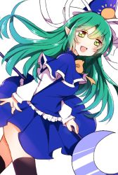 Rule 34 | 1girl, blue capelet, blue headwear, blue skirt, blue vest, bow, bowtie, breasts, capelet, crescent, frilled vest, frills, green eyes, green hair, hat, hat ribbon, holding, holding staff, long hair, long sleeves, medium breasts, mima (touhou), open mouth, ribbon, shirt, simple background, skirt, staff, sun print, touhou, touhou (pc-98), vest, white background, white ribbon, white shirt, wizard hat, yellow bow, yellow bowtie, zerokosan