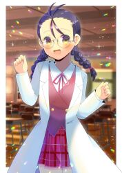 Rule 34 | 1girl, :d, black hair, blurry, blurry background, blush, braid, brown vest, chair, collared shirt, commentary request, commission, depth of field, desk, forehead, glasses, hakase satomi, kou hiyoyo, lab coat, long hair, long sleeves, low twintails, mahou sensei negima!, neck ribbon, open clothes, open mouth, plaid, plaid skirt, pleated skirt, red ribbon, red skirt, ribbon, round eyewear, school chair, school desk, shirt, skeb commission, skirt, smile, solo, twin braids, twintails, vest, white shirt, yellow eyes