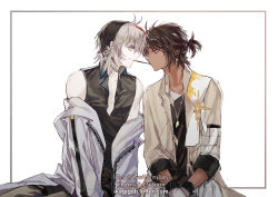 Rule 34 | 2boys, absurdres, arknights, black hair, black shirt, brown coat, character name, coat, commentary, dark-skinned male, dark skin, earclip, elysium (arknights), english text, eye contact, feather hair, food, forehead-to-forehead, gloves, grey eyes, hands on lap, heads together, highres, ikag, jacket, jewelry, looking at another, male focus, multicolored hair, multiple boys, necklace, off shoulder, open clothes, open coat, orange eyes, pocky, pocky kiss, profile, red hair, shared food, shirt, short hair, short ponytail, silver hair, simple background, sleeveless, sleeveless shirt, sleeves rolled up, streaked hair, thorns (arknights), upper body, watermark, web address, white background, white gloves, white jacket, yaoi