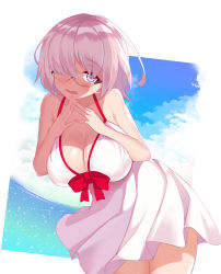 Rule 34 | 1girl, bare shoulders, blush, bow, breasts, cleavage, collarbone, day, dress, fate/grand order, fate (series), glasses, hair over one eye, head tilt, highres, large breasts, leaning forward, light purple hair, looking at viewer, mash kyrielight, mash kyrielight (swimsuit of perpetual summer), ocean, official alternate costume, open mouth, own hands together, purple eyes, red bow, short dress, short hair, sky, smile, solo, sundress, white dress, yuruto