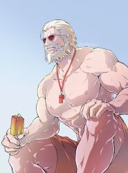 Rule 34 | 1boy, abs, artist name, bara, baywatch, beard, closed mouth, evinist, facial hair, food, highres, holding, holding food, large pectorals, male focus, male swimwear, mature male, muscular, muscular male, nipples, overwatch, overwatch 1, pectorals, red male swimwear, reinhardt (overwatch), scar, scar across eye, scar on face, short hair, simple background, sitting, solo, sunglasses, topless male, whistle, whistle around neck, white hair