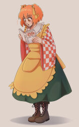 Rule 34 | 1984 (novel), 1girl, apron, bell, book, boots, brown footwear, checkered clothes, checkered kimono, commentary, cross-laced footwear, english commentary, full body, grey background, hair bell, hair ornament, hair ribbon, highres, holding, holding book, japanese clothes, kimono, lace-up boots, long sleeves, lunaticlunarian, motoori kosuzu, nose, open mouth, orange eyes, orange hair, reading, ribbon, short hair, simple background, solo, standing, surprised, touhou, wide sleeves, yellow apron