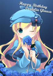 Rule 34 | 10s, 1girl, blonde hair, blue eyes, blue flower, blue rose, blue theme, capelet, chabacha, character name, cordelia glauca, flower, happy birthday, long hair, one eye closed, rose, solo, tantei opera milky holmes, wink