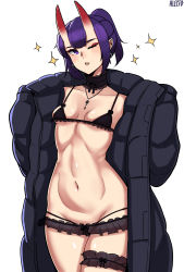 Rule 34 | 1girl, absurdres, alecto 0, alternate costume, alternate hairstyle, bra, cameltoe, choker, cleft of venus, collarbone, cowboy shot, earrings, eyeshadow, fate/grand order, fate (series), flashing, functionally nude, highres, horns, jacket, jewelry, lace, lace-trimmed bra, lace choker, lace trim, makeup, navel, necklace, one eye closed, parted lips, pointy ears, purple eyes, purple hair, shuten douji (fate), skin-covered horns, solo, sparkle, thong, underwear, white background, wink