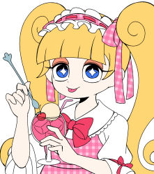 Rule 34 | 1girl, blonde hair, blue eyes, blunt bangs, flat color, highres, holding, holding spoon, long hair, looking at viewer, muchaburikko, pipiko., simple background, solo, spoon, tongue, tongue out, twintails, unmoving pattern, white background, youkai (youkai watch), youkai watch, youkai watch 3