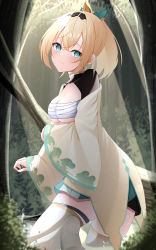 Rule 34 | 1girl, absurdres, blonde hair, blush, breasts, bush, chest sarashi, cleavage, closed mouth, ekidona, female focus, forest, from side, hairband, haori, highres, hololive, japanese clothes, kazama iroha, looking at viewer, medium breasts, nature, ponytail, raised eyebrows, sarashi, shrug (clothing), sidelocks, skirt, solo, thigh strap, thighhighs, tree, virtual youtuber, water drop, wet, white thighhighs, zettai ryouiki