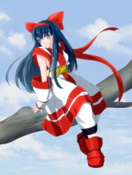 Rule 34 | 1girl, arm support, blue eyes, blue hair, breasts, fingerless gloves, gloves, hair ribbon, highres, legs, long hair, nakoruru, pants, ribbon, samurai spirits, sitting, small breasts, smile, snk, solo, the king of fighters, thighs, tree