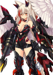 Rule 34 | 1girl, angry, animal ear fluff, animal ears, arm at side, armor, armored dress, bare shoulders, black bra, black dress, black gauntlets, black gloves, black greaves, black panties, black thighhighs, blush, boots, bra, breasts, claw (weapon), cleavage, closed mouth, collarbone, dress, elbow gloves, eyes visible through hair, feathered wings, female focus, fox ears, gauntlets, gem, gloves, greaves, gun, hair between eyes, hair ornament, happy, highres, holding, holding gun, holding weapon, jewelry, large breasts, legs, long hair, looking at viewer, mecha musume, mechanical wings, multicolored hair, multiple weapons, neck, necklace, orange eyes, original, panties, red gemstone, red hair, revealing clothes, science fiction, serious, shiny skin, short dress, sidelocks, simple background, solo, standing, strapless, strapless dress, streaked hair, thigh boots, thighhighs, two-tone hair, underwear, weapon, white background, white hair, white wings, wings, yoshizawa tsubaki