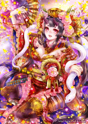 Rule 34 | 1girl, albino, animal, armor, artist name, beads, black legwear, breasts, cleavage, earrings, fingernails, floral print, flower, frills, hair flower, hair ornament, hand fan, haruci, hat, highres, holding, holding animal, horns, japanese armor, jewelry, katana, long hair, looking at viewer, nail polish, nengajou, new year, open mouth, original, paper fan, red eyes, red nails, rope, sheath, sheathed, sitting, snake, solo, sword, wakizashi, watermark, weapon, web address, wide sleeves