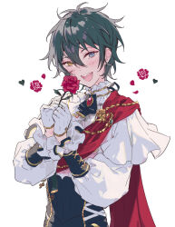 Rule 34 | 1boy, black corset, black hair, black pants, blue eyes, blush, cape, corset, ensemble stars!, flower, heart, heterochromia, highres, holding, holding flower, kagehira mika, looking at viewer, male focus, open mouth, oyatsu no e, pants, petals, red cape, red flower, red rose, rose, shirt, smile, solo, teeth, white shirt, yellow eyes