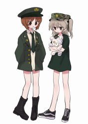 Rule 34 | 2girls, absurdres, bandages, black footwear, black necktie, black ribbon, blazer, boko (girls und panzer), boots, brown eyes, brown hair, camouflage, camouflage headwear, closed mouth, combat boots, commentary, cross-laced footwear, dress shirt, girls und panzer, green headwear, green jacket, hair ribbon, hands in pockets, hat, highres, holding, holding stuffed toy, jacket, japan ground self-defense force, japan self-defense force, light brown hair, long hair, looking at another, loose necktie, military, military hat, military jacket, multiple girls, necktie, nishizumi miho, no pants, no socks, one side up, field cap, peaked cap, ri (qrcode), ribbon, shimada arisu, shirt, shoes, short hair, short sleeves, simple background, smile, sneakers, standing, stuffed animal, stuffed toy, t-shirt, teddy bear, white background, white shirt