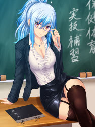 Rule 34 | 1girl, arm support, bespectacled, black panties, black skirt, black thighhighs, blue hair, breasts, center frills, chalkboard, cleavage, collarbone, crossed legs, desk, earrings, eyebrows, formal, frills, garter straps, glasses, high ponytail, hijikawa arashi, jacket, jewelry, kamishirasawa keine, lace, lace-trimmed legwear, lace trim, large breasts, long hair, long sleeves, looking at viewer, miniskirt, on desk, panties, pencil skirt, pendant, pinstripe pattern, pinstripe suit, pointer, red eyes, revision, semi-rimless eyewear, shirt, sitting, on desk, skirt, solo, striped, suit, teacher, thighhighs, touhou, translation request, underwear, white shirt, zettai ryouiki