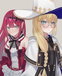 Rule 34 | 2girls, absurdres, baobhan sith (fate), blonde hair, blue eyes, blush, breasts, capelet, commentary request, dress, fate/grand order, fate (series), frown, fujiwara nazuna, glasses, grey background, grey eyes, hair over shoulder, hat, highres, light smile, long hair, looking at viewer, medium breasts, multiple girls, pointy ears, red dress, red hair, round eyewear, sweatdrop, aesc (fate), white capelet, white headwear, witch hat