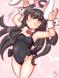 Rule 34 | 1girl, :&lt;, ahoge, alternate costume, animal ears, artist logo, bare legs, black hair, black leotard, blush, bow, bowtie, breasts, dated, detached collar, fake animal ears, gradient background, kanon (kurogane knights), kantai collection, leotard, long hair, mikazuki (kancolle), one-hour drawing challenge, pink background, playboy bunny, rabbit ears, small breasts, solo, strapless, strapless leotard, wrist cuffs, yellow eyes