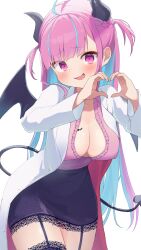 00s1g00 1girl absurdres ahoge alternate_costume aqua_hair black_skirt black_thighhighs blush breasts cleavage coat collarbone cosplay demon_horns demon_tail demon_wings heart heart_hands highres hololive horns large_breasts long_hair looking_at_viewer minato_aqua multicolored_hair open_mouth pink_eyes pink_hair simple_background skirt smile solo tail thighhighs thighs two-tone_hair virtual_youtuber white_background white_coat wings yuzuki_choco yuzuki_choco_(1st_costume) yuzuki_choco_(cosplay)