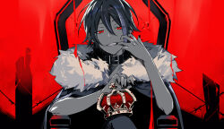 Rule 34 | 1boy, asymmetrical hair, barbed wire, belt buckle, belt collar, black nails, buckle, collar, commentary, crown, double-parted bangs, fingernails, fur trim, hair between eyes, hand up, hk (wgyz7222), kamishiro rui, king (vocaloid), looking at viewer, male focus, multicolored hair, project sekai, red eyes, short hair, short sleeves, sitting, solo, streaked hair, teeth, two-tone hair