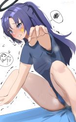 Rule 34 | 1girl, @ @, armpits, blue archive, blue hair, blush, buruma, commentary request, crotch, gym shirt, gym uniform, halo, highres, michinoku (michino934), outstretched arms, parted bangs, shirt, short sleeves, simple background, solo, spread arms, spread legs, stain, stained clothes, star (symbol), steam, sticker on face, thighs, translation request, trembling, twitter username, two side up, white background, yuuka (blue archive), yuuka (track) (blue archive)