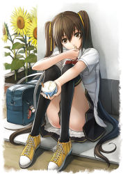 Rule 34 | 1girl, bad id, bad pixiv id, bag, black thighhighs, border, brown eyes, brown hair, censored, convenient censoring, convenient leg, eating, fading border, flower, food, full body, hair between eyes, highres, ice cream, kurojishi, long hair, looking at viewer, mouth hold, original, petticoat, revision, school bag, school uniform, shoes, short sleeves, sitting, sneakers, solo, sunflower, thighhighs, thighs, twintails, very long hair