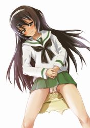 Rule 34 | 1girl, black eyes, black hair, black neckerchief, blush, closed mouth, embarrassed, female focus, flat chest, girls und panzer, green skirt, hairband, half-closed eyes, long hair, long sleeves, looking at viewer, lunalu9, lying, matching hair/eyes, miniskirt, neckerchief, on back, own hands together, panties, peeing, peeing self, pleated skirt, puddle, reflection, reizei mako, sailor collar, school uniform, serafuku, shirt, simple background, skirt, solo, spread legs, tears, underwear, wet, wet clothes, wet panties, white background, white hairband, white panties, white sailor collar, white shirt