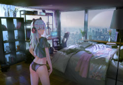 Rule 34 | 1girl, animal ear headphones, animal ears, ass, axent wear, bed, black jacket, black panties, black shirt, blue eyes, book, book stack, breasts, cat ear headphones, cat ears, chair, cityscape, commentary, computer, crop top, day, denki, english commentary, fake animal ears, flower, grey shirt, hair between eyes, headphones, indoors, jacket, unworn jacket, lamp, laptop, large breasts, long hair, looking at viewer, looking back, no pants, office chair, original, panties, plant, potted plant, purple eyes, shelf, shirt, short sleeves, silver hair, smile, solo, standing, swivel chair, thighs, underwear, window