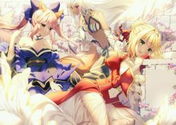 Rule 34 | 3girls, ahoge, altera (fate), animal ear fluff, animal ears, artist name, bare shoulders, blonde hair, blue bow, blue kimono, bow, braid, breasts, brick wall, brown eyes, choker, cleavage, collarbone, commentary, cover image, dark-skinned female, dark skin, english commentary, epaulettes, fate/extra, fate/grand order, fate (series), floating hair, flower, fox ears, fox girl, fox tail, green eyes, hair between eyes, hair bow, hair intakes, japanese clothes, jpeg artifacts, kimono, long hair, looking at viewer, medium breasts, multiple girls, navel, nero claudius (fate), nero claudius (fate) (all), nero claudius (fate/extra), obi, off shoulder, photoshop (medium), pink hair, puffy sleeves, red bow, rose, rosuuri, sash, see-through, smile, tail, tamamo (fate), tamamo no mae (fate/extra), twintails, veil, watermark, wide sleeves, wind