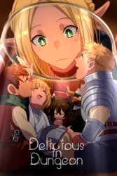 Rule 34 | 3boys, 3girls, animal ears, armor, beard, black facial hair, black hair, blonde hair, blush, brother and sister, brown eyes, brown hair, cat ears, cat girl, chilchuck tims, choker, closed eyes, closed mouth, commentary request, copyright name, dungeon meshi, dwarf, echo (circa), elf, english text, facial hair, falin touden, green eyes, green scarf, halfling, helmet, izutsumi, laios touden, long hair, looking up, marcille donato, mini person, miniboy, minigirl, multiple boys, multiple girls, open mouth, pointy ears, red choker, red scarf, scarf, senshi (dungeon meshi), short hair, siblings, sitting, size difference, smile, tongue, tongue out