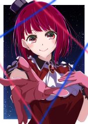 Rule 34 | 1girl, arima kana, black hat, bob cut, closed mouth, gloves, hat, highres, idol, idol clothes, inverted bob, kuroudo (mst06738124mst), looking at viewer, night, night sky, oshi no ko, outside border, pink gloves, red eyes, red hair, red shirt, shirt, short hair, sky, smile, solo, upper body