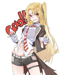 Rule 34 | 1girl, alternate costume, azur lane, belt, black jacket, black shorts, blonde hair, blush, breasts, bu4321, claw pose, cleveland (azur lane), cleveland (muse) (azur lane), collared shirt, cowboy shot, fang, fingerless gloves, gao, gloves, highres, jacket, long hair, looking at viewer, navel, necktie, open clothes, open jacket, open mouth, parted bangs, puffy short sleeves, puffy sleeves, red eyes, shirt, short shorts, short sleeves, shorts, side ponytail, simple background, skin fang, small breasts, smile, solo, striped necktie, thigh strap, white background, white gloves, white shirt