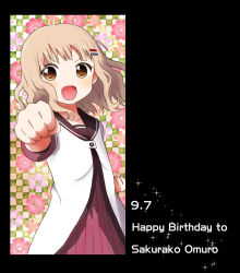 Rule 34 | &gt;:d, 1girl, 7001, :d, birthday, blonde hair, brown eyes, clenched hand, collarbone, dated, english text, fang, floral background, hair ornament, hairclip, happy birthday, looking at viewer, oomuro sakurako, open mouth, school uniform, serafuku, smile, solo, v-shaped eyebrows, yuru yuri