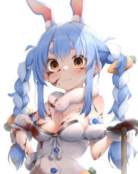 Rule 34 | 1girl, :3, absurdres, animal ear fluff, animal ears, bare shoulders, black gloves, black leotard, blood, blood on clothes, blood on face, blood stain, blue hair, blush, braid, breasts, carrot hair ornament, clothing cutout, coat, coat dress, detached sleeves, dress, empty eyes, food-themed hair ornament, fur-trimmed gloves, fur scarf, fur trim, gloves, hair ornament, hand on own hip, highres, hikimayu, hololive, leotard, leotard under clothes, long hair, looking at viewer, medium breasts, multicolored hair, orange eyes, pepushi drow, puffy short sleeves, puffy sleeves, rabbit ears, rabbit girl, scarf, short eyebrows, short sleeves, solo, strapless, strapless coat, strapless dress, thick eyebrows, twin braids, twintails, two-tone hair, underboob cutout, usada pekora, usada pekora (1st costume), virtual youtuber, white coat, white hair, white scarf, white sleeves