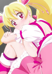 Rule 34 | 1girl, blonde hair, blush, breast press, breasts, choker, closed mouth, cure peach, dress, earrings, fresh precure!, fuchi (nightmare), grey background, hair between eyes, hair ornament, heart, heart earrings, heart hair ornament, highres, jewelry, large breasts, long hair, looking at viewer, looking back, magical girl, momozono love, pink choker, pink dress, pink eyes, precure, puffy short sleeves, puffy sleeves, short sleeves, simple background, sitting, smile, solo, twintails