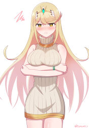 Rule 34 | 1girl, absurdres, artist name, bare shoulders, blonde hair, blush, crossed arms, highres, long hair, mythra (xenoblade), pout, reason3 s, ribbed sweater, sleeveless, sleeveless turtleneck, solo, sweater, tiara, turtleneck, white background, wristband, xenoblade chronicles (series), xenoblade chronicles 2, yellow eyes