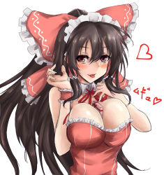 Rule 34 | 1girl, absurdres, amagi (amagi626), between breasts, blush, bow, box, breasts, brown eyes, brown hair, cleavage, detached collar, gift, gift box, hair bow, hair tubes, hakurei reimu, heart, highres, large breasts, long hair, looking at viewer, neck ribbon, ribbon, simple background, sketch, solo, tongue, tongue out, touhou, upper body, valentine, white background, wrist cuffs