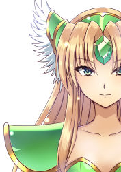 Rule 34 | 1girl, absurdres, armor, blonde hair, blue eyes, closed mouth, collarbone, forehead jewel, highres, long hair, looking at viewer, pauldrons, riesz, seiken densetsu, seiken densetsu 3, shoulder armor, simple background, smile, solo, straight hair, upper body, white background, zetsuei (zetto)