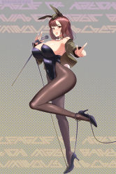 Rule 34 | 1girl, absurdres, animal ears, black footwear, black leotard, blush, breasts, brown hair, cleavage, detached collar, fake animal ears, fake tail, grace maitland steward, green jacket, hat, high heels, highres, holding, holding microphone, jacket, large breasts, leg lift, leotard, looking at viewer, luminous witches, microphone, microphone stand, open mouth, pantyhose, playboy bunny, pointing, polka dot, polka dot background, rabbit ears, rabbit tail, red eyes, sideboob, solo, strapless, strapless leotard, tail, varie7k, world witches series