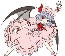 Rule 34 | 1girl, bat wings, blouse, blue hair, female focus, flat color, hat, legs apart, mob cap, pink hat, pink shirt, red eyes, remilia scarlet, ribbon, ribbon-trimmed skirt, ribbon trim, rikky, shirt, simple background, socks, solo, touhou, white background, wings