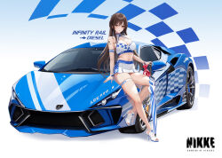 Rule 34 | 1girl, absurdres, alternate costume, arm strap, bare shoulders, blue background, braid, breasts, brown eyes, brown hair, car, character name, cleavage, closed mouth, collarbone, commentary request, diesel (nikke), dramz, full body, goddess of victory: nikke, hair between eyes, high heels, highres, holding, holding umbrella, large breasts, logo, long hair, looking at viewer, midriff, motor vehicle, navel, race queen, race vehicle, racecar, shadow, shirt, shoulder tattoo, sidelocks, sitting, sitting on car, skindentation, skirt, sleeveless, sleeveless shirt, smile, solo, tattoo, thigh strap, umbrella, white footwear, white shirt, white skirt, wristband