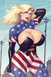 Rule 34 | 1girl, absurdres, american flag, blonde hair, breasts, cleavage, cleavage cutout, clothing cutout, devilhs, gloves, highres, huge breasts, lipstick, long hair, makeup, mount olympus comics, patriotika, smile, solo