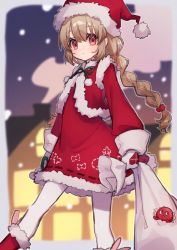 Rule 34 | 1girl, bag, blush, boots, braid, capelet, chimney, closed mouth, commentary, dress, feet out of frame, fur trim, green ribbon, hat, highres, holding, holding bag, house, light brown hair, long braid, long hair, looking at viewer, mittens, natori sana, night, outdoors, pantyhose, pom pom (clothes), red dress, red eyes, ribbon, sana channel, santa costume, santa hat, snowing, solo, torn bag, twin braids, virtual youtuber, walking, white mittens, white pantyhose, zumi tiri
